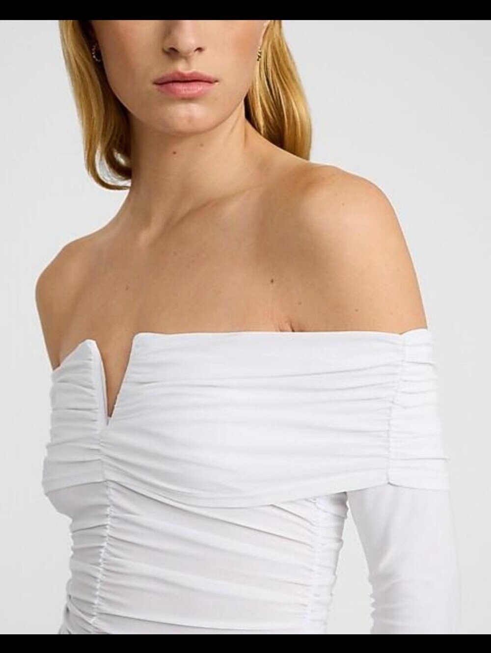 Commense White Off Shoulder Ruched Long Sleeve Top XS Stretch